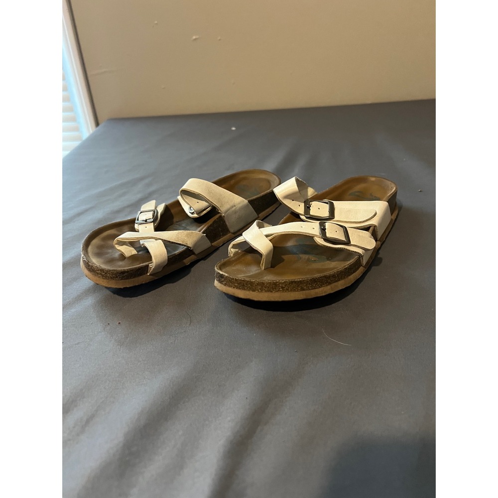 White Strappy‎ Buckle Cork Footbed Slide Sandals Womens Size 6